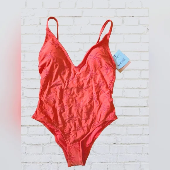 SHADE & SHORE Palm Print Embroidered Plunge Neck Full Coverage One Piece - Picture 4 of 4